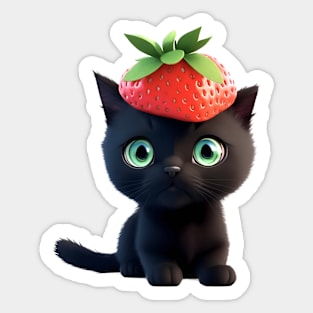 Cute black kitten with strawberry hat Sticker